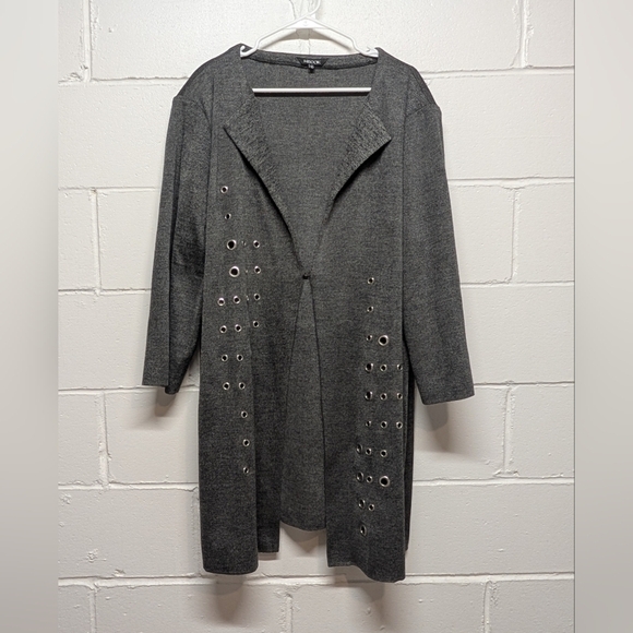 MISOOK (2X) Knit Jacket Duster Long Open Front Grommet Eyelet Gray - Picture 1 of 8